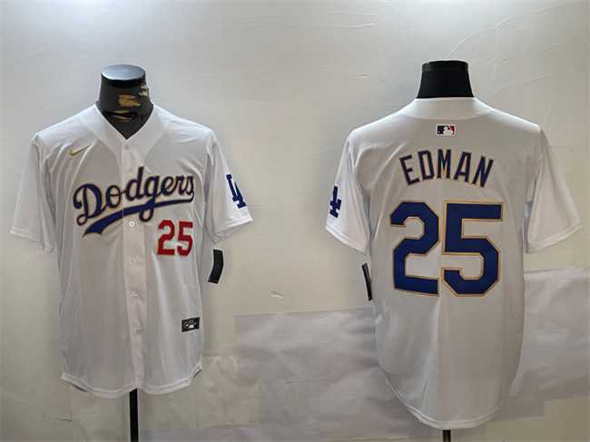 Men%27s Los Angeles Dodgers #25 Tommy Edman White Gold Home Limited Stitched Jersey